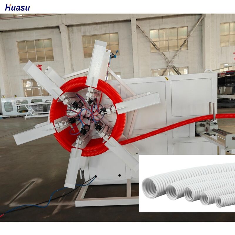 PVC PE PP Single Wall Corrugated Pipe Extrusion Line yang menampilkan teknologi komponen listrik Schneider Siemens untuk pembuatan pipa